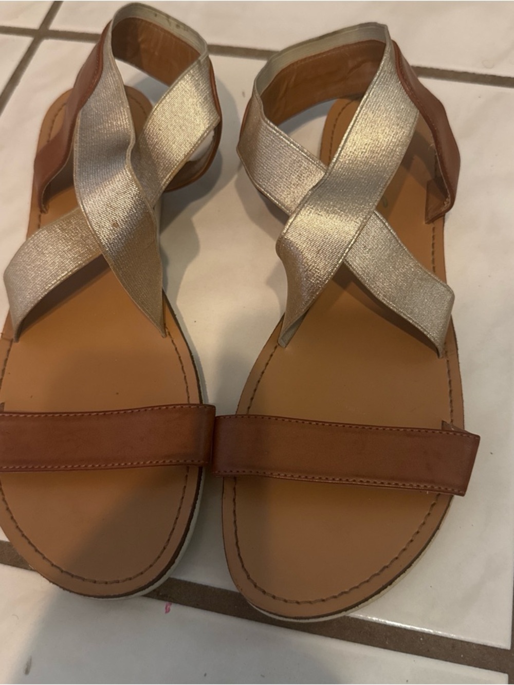 Unisa Tan and Metallic Gold Cross-Strap Sandals